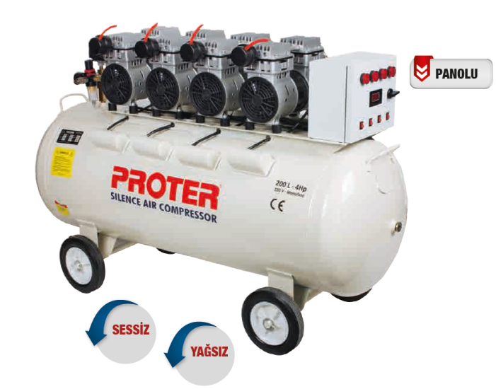 Proter 200 Lt 4Hp Monofaze Yağsız ve Sessiz Kompresör